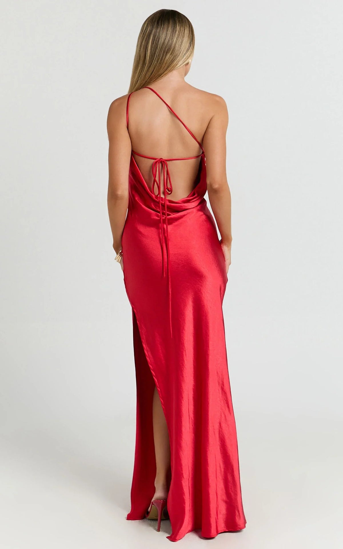 Dress Simple Satin One Shoulder Cowl Back Bias Cut Maxi Dress Solid Color Red Sleeveless Backless Party Evening Dress