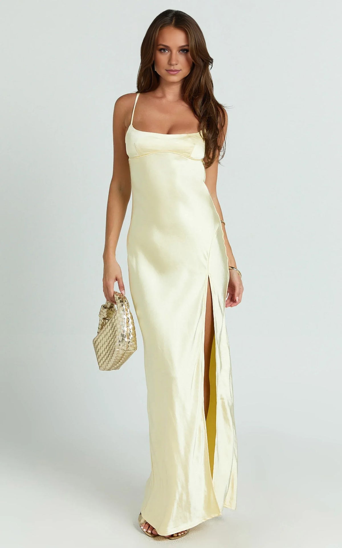 Dress Simple Satin Scoop Neck Low Tie Back Slip Maxi Dress Lemon Square Neck Column Solid Color Evening Dress