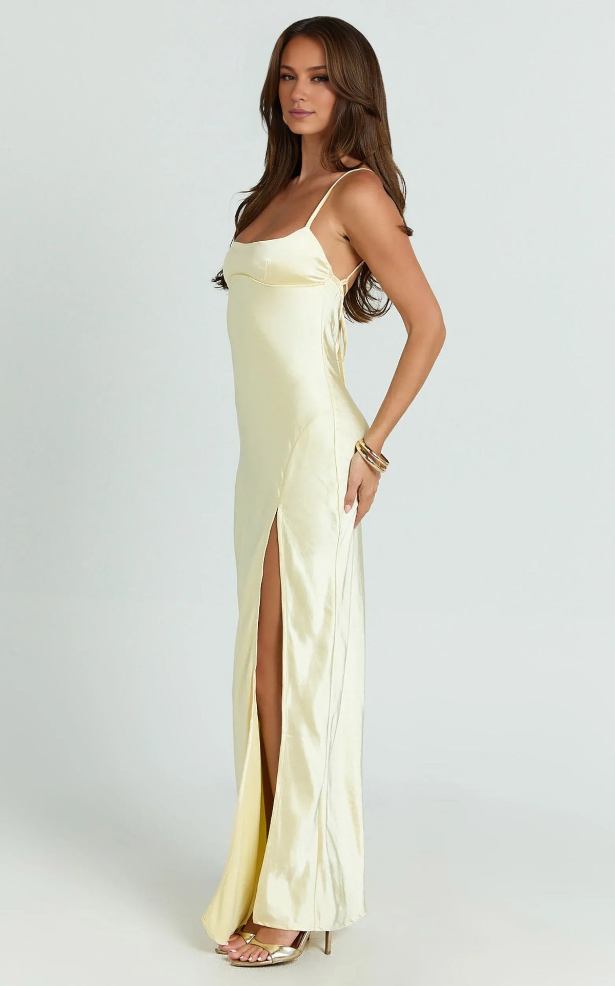 Dress Simple Satin Scoop Neck Low Tie Back Slip Maxi Dress Lemon Square Neck Column Solid Color Evening Dress