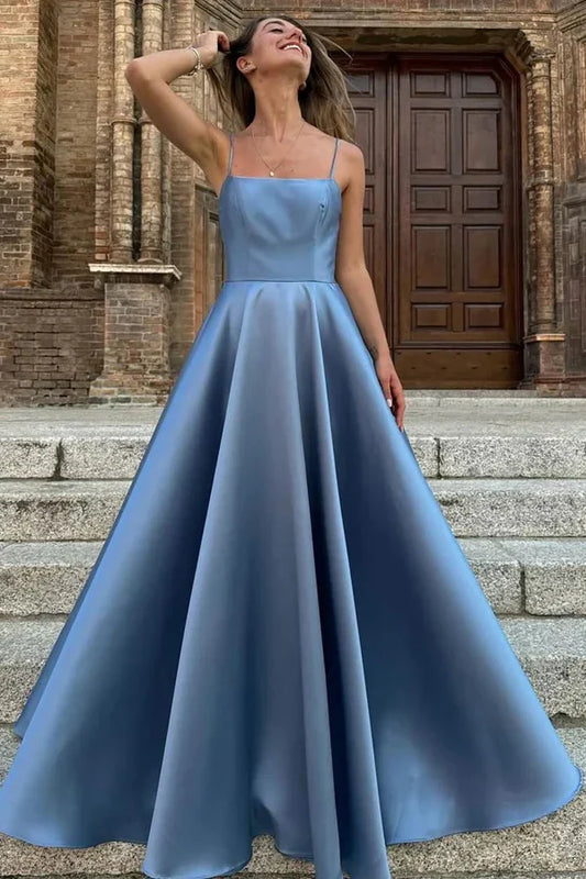 Dress Simple Satin Spaghetti Straps Pleated Square Neck Prom Dress