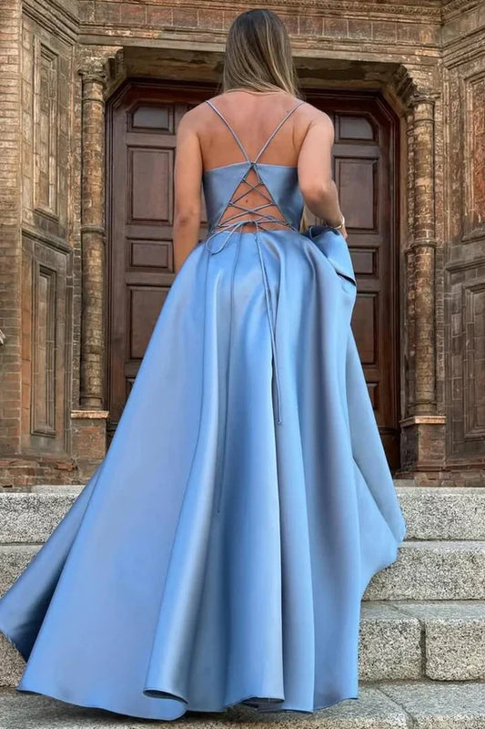 Dress Simple Satin Spaghetti Straps Pleated Square Neck Prom Dress