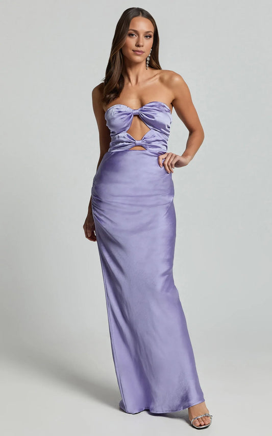 Dress Simple Satin Strapless Cut Out Maxi Dress Lilac Sheath Sleeveless Backless Evening Dress