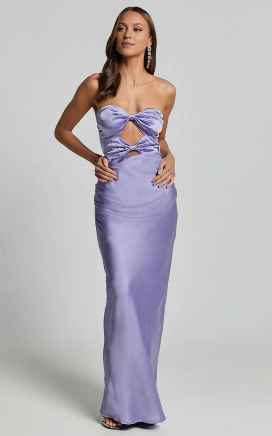 Dress Simple Satin Strapless Cut Out Maxi Dress Lilac Sheath Sleeveless Backless Evening Dress