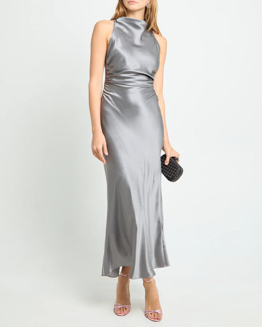 Dress Simple Sheath Ankle-Length Sleeveless Party Dresses Hight Satin Solid Color Open Back Evening Dress