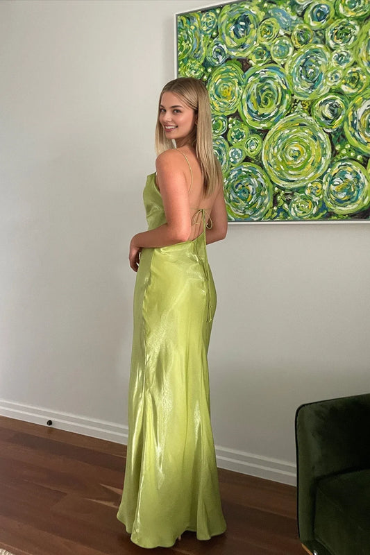 Dress Simple Sheath Spaghetti Straps Light Green Long Party Dress with Backless Prom Dress