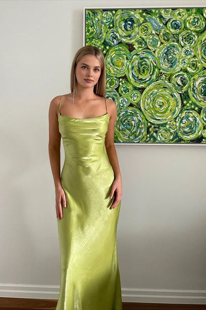 Dress Simple Sheath Spaghetti Straps Light Green Long Party Dress with Backless Prom Dress