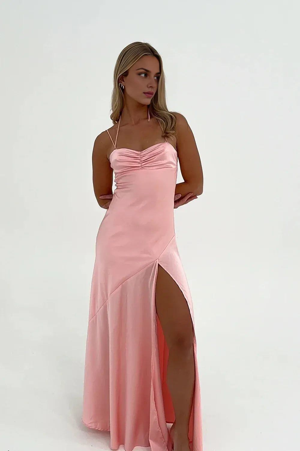 Dress Simple Sheath Spaghetti Straps Pink Long Party Dress with Split Front