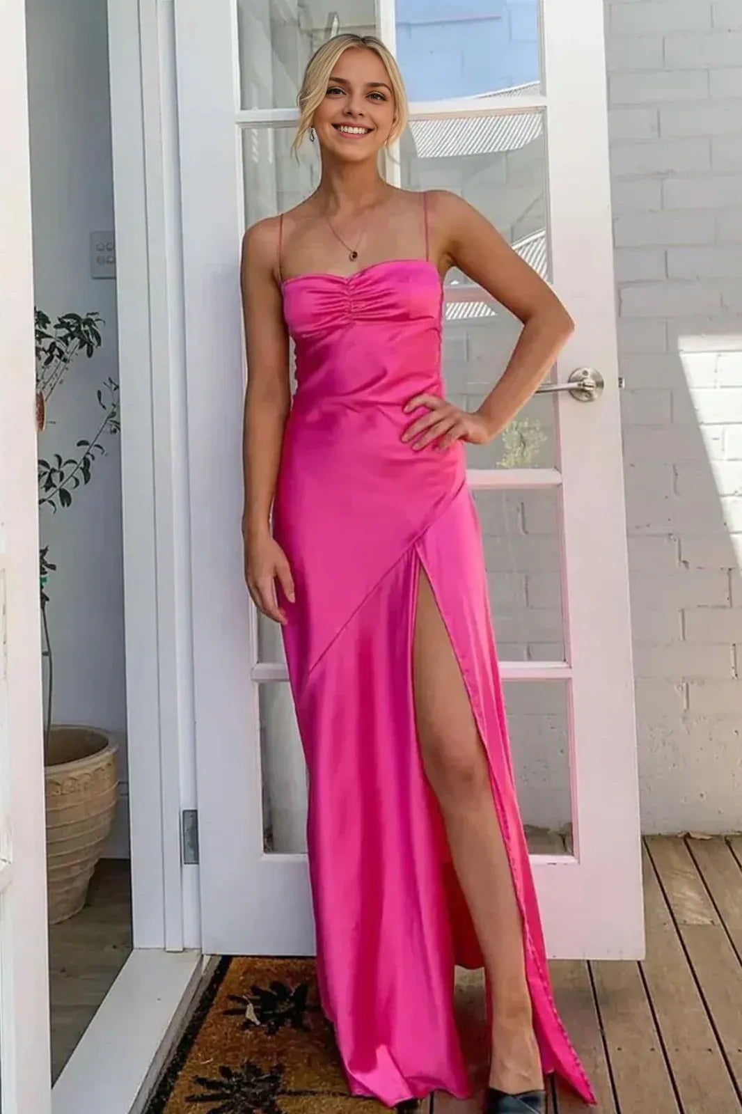 Dress Simple Sheath Spaghetti Straps Pink Long Party Prom Dress with Split Front