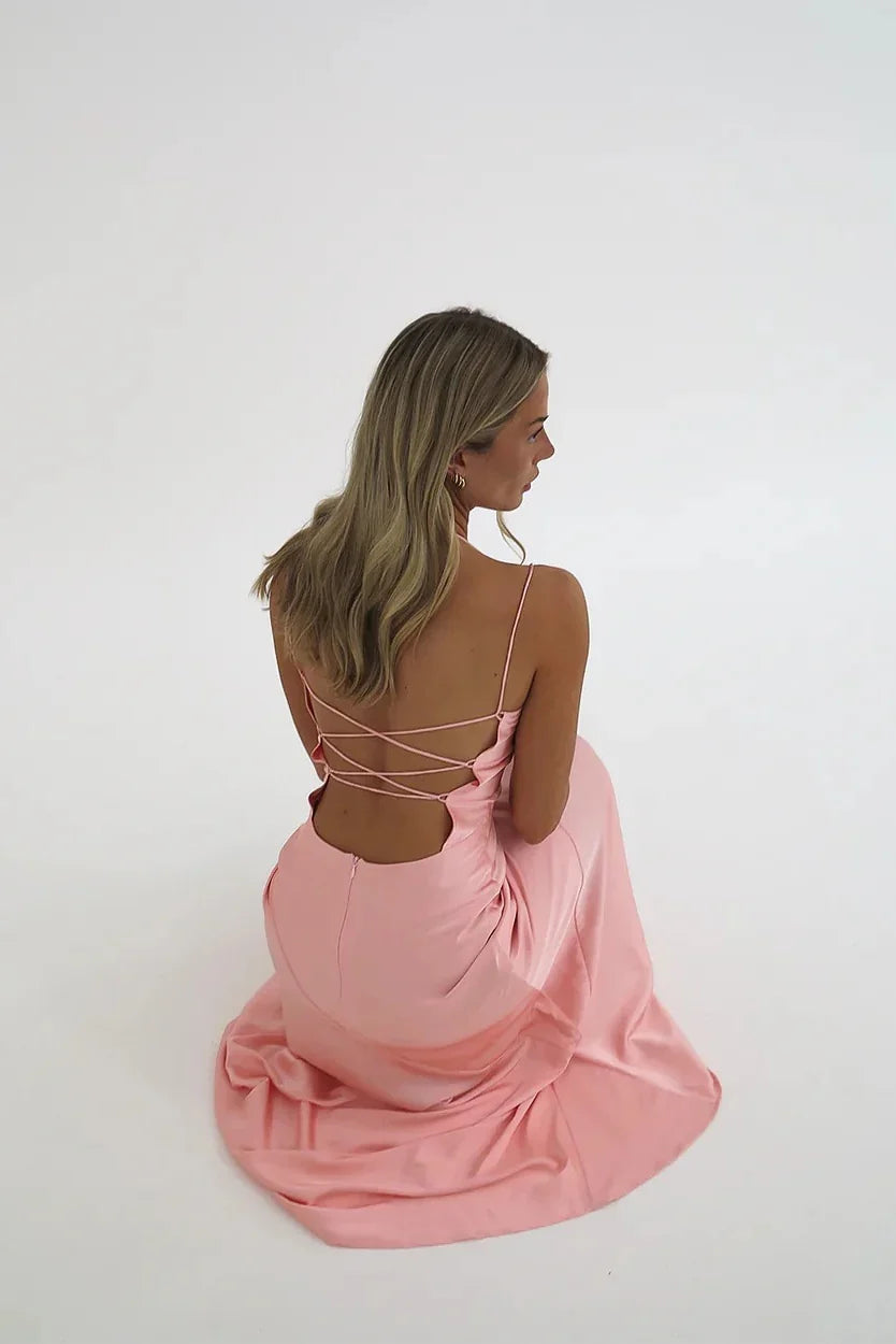 Dress Simple Sheath Spaghetti Straps Pink Long Party Dress with Split Front