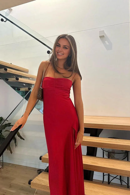 Dress Simple Sheath Spaghetti Straps Pink Long Party Prom Dress with Split Front