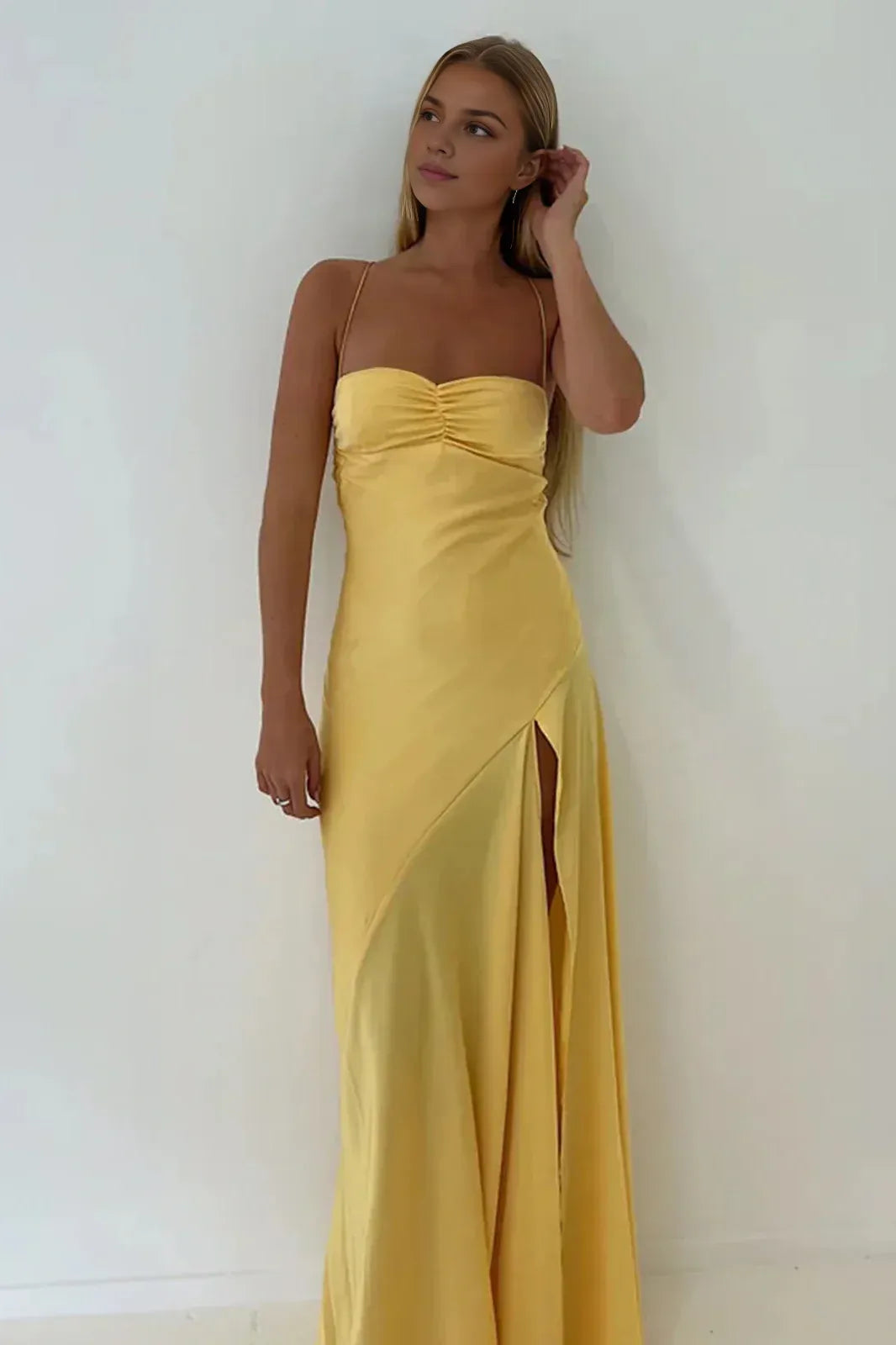 Dress Simple Sheath Spaghetti Straps Pink Long Party Prom Dress with Split Front