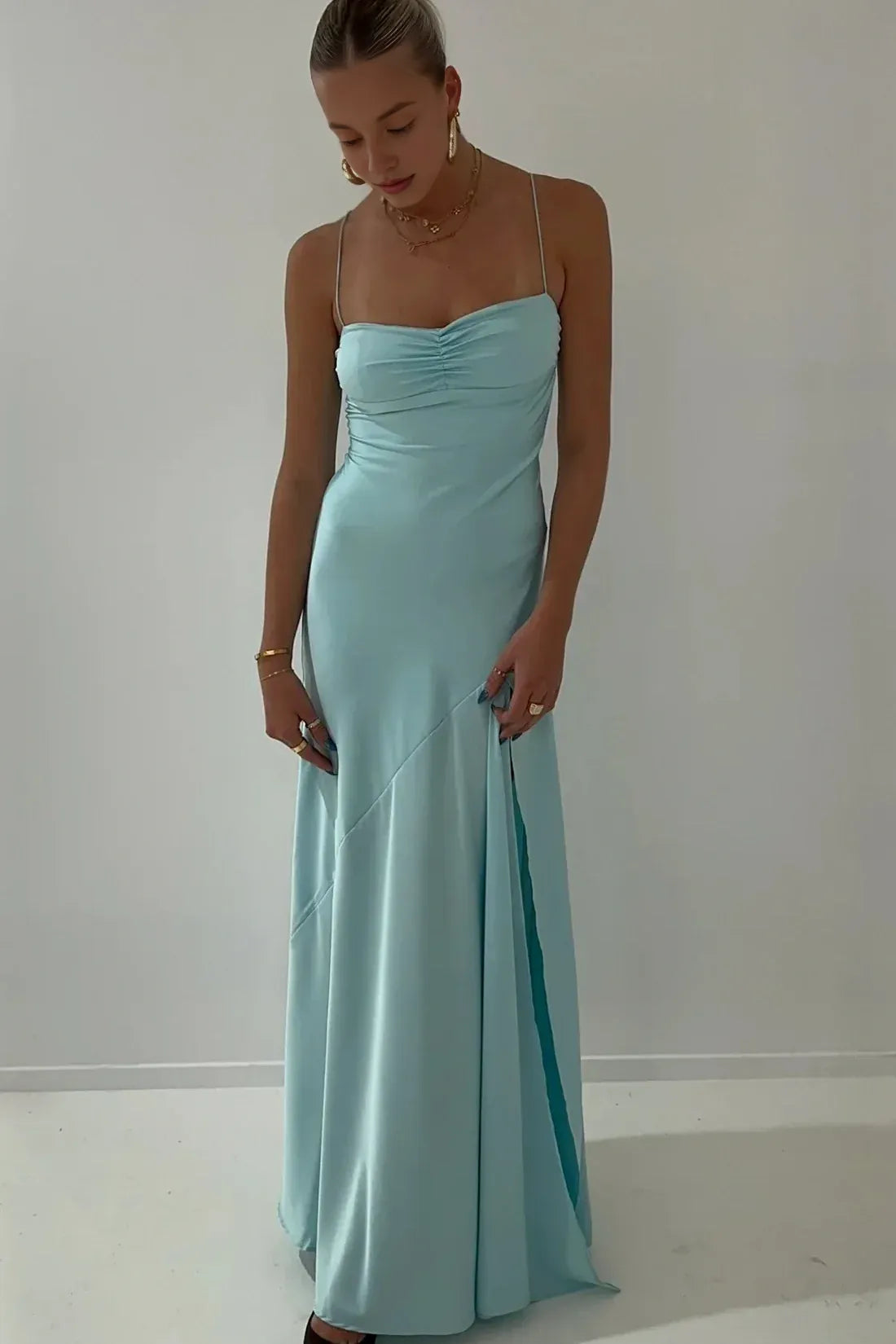 Dress Simple Sheath Spaghetti Straps Pink Long Party Prom Dress with Split Front