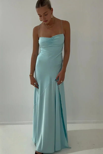 Dress Simple Sheath Spaghetti Straps Pink Long Party Prom Dress with Split Front