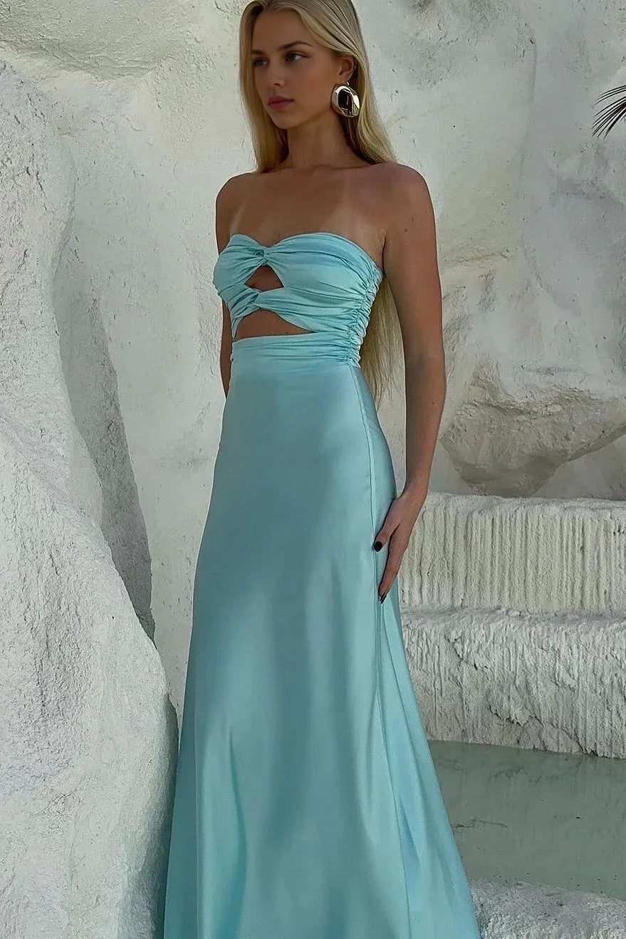 Dress Simple Sheath Sweetheart Blue Long Prom Dress with Keyhole