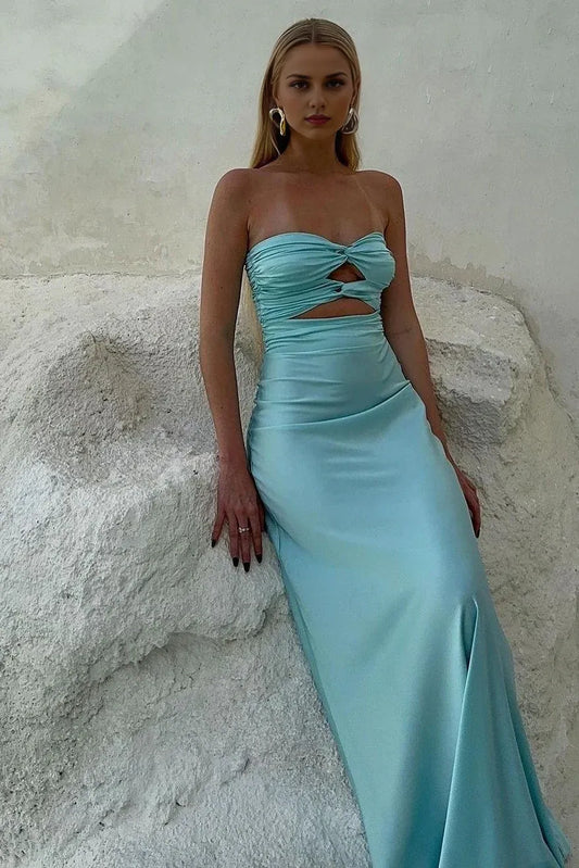 Dress Simple Sheath Sweetheart Blue Long Prom Dress with Keyhole