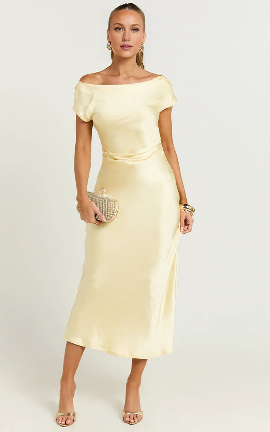 Dress Simple Short Sleeve Low Back Satin Midi Dress Yellow Boat Neck Column Solid Color Evening Dress
