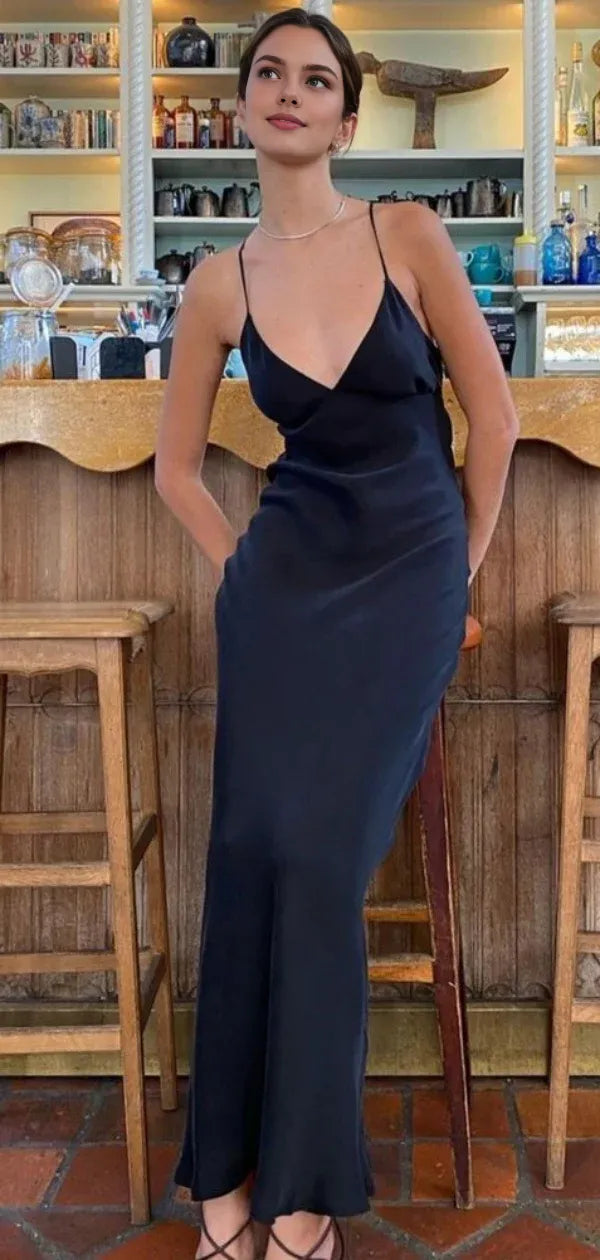 Dress Simple Spaghetti Strap Sleeveless Mermaid Satin Long Prom Dresses Party Dress