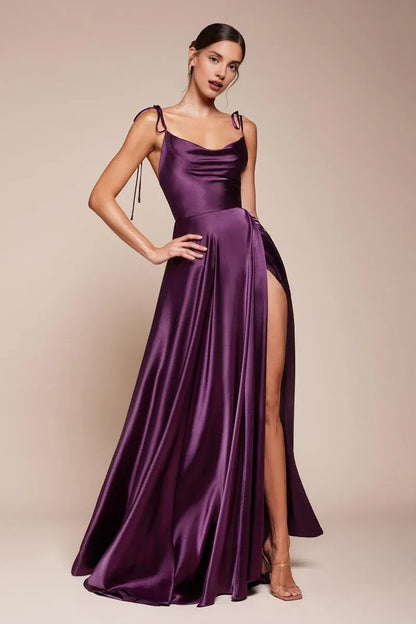 Dress Simple Spaghetti Straps Cowl Neck Evening Dress A-Line Sweep/Brush Train Solid Color Backless Prom Dress