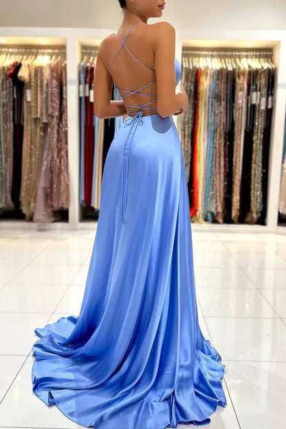 Dress Simple Spaghetti Straps V Neck Sleeveless Party Dress Slit Floor-length Lace Up Prom Dress