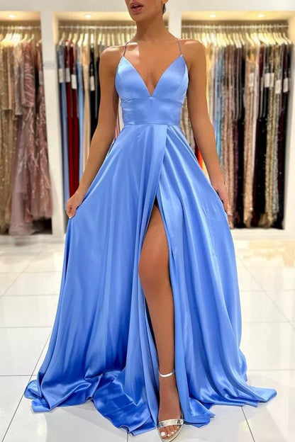Dress Simple Spaghetti Straps V Neck Sleeveless Party Dress Slit Floor-length Lace Up Prom Dress