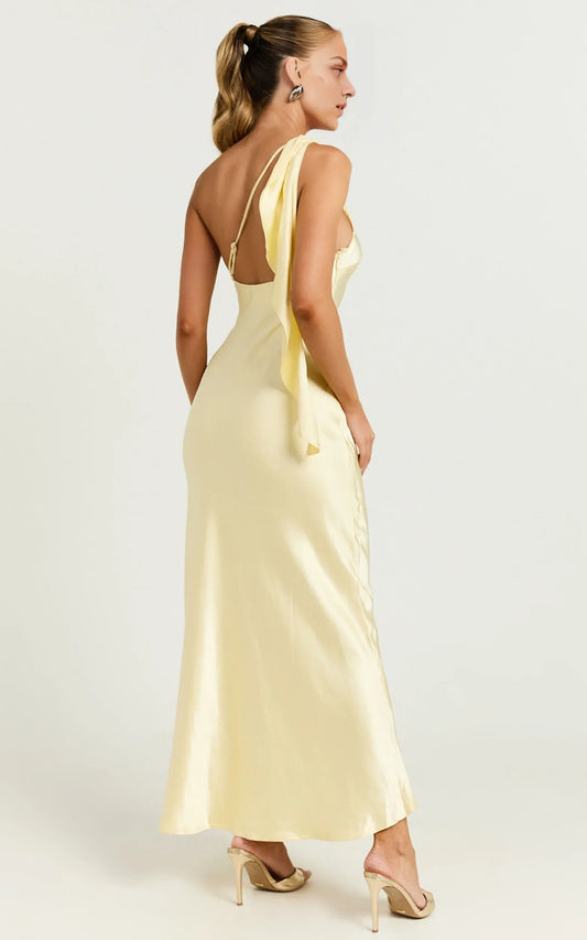 Dress Simple Strapless One shoulder Slip Midi Dress Solid Color Sleeveless Backless Satin Sage Party Evening Dress