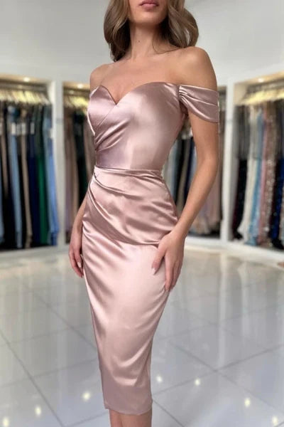 Dress Simple Sweetheart Off-the-Shoulder Cap Sleeve Column Satin Evening Dress With Pleated Prom Dress