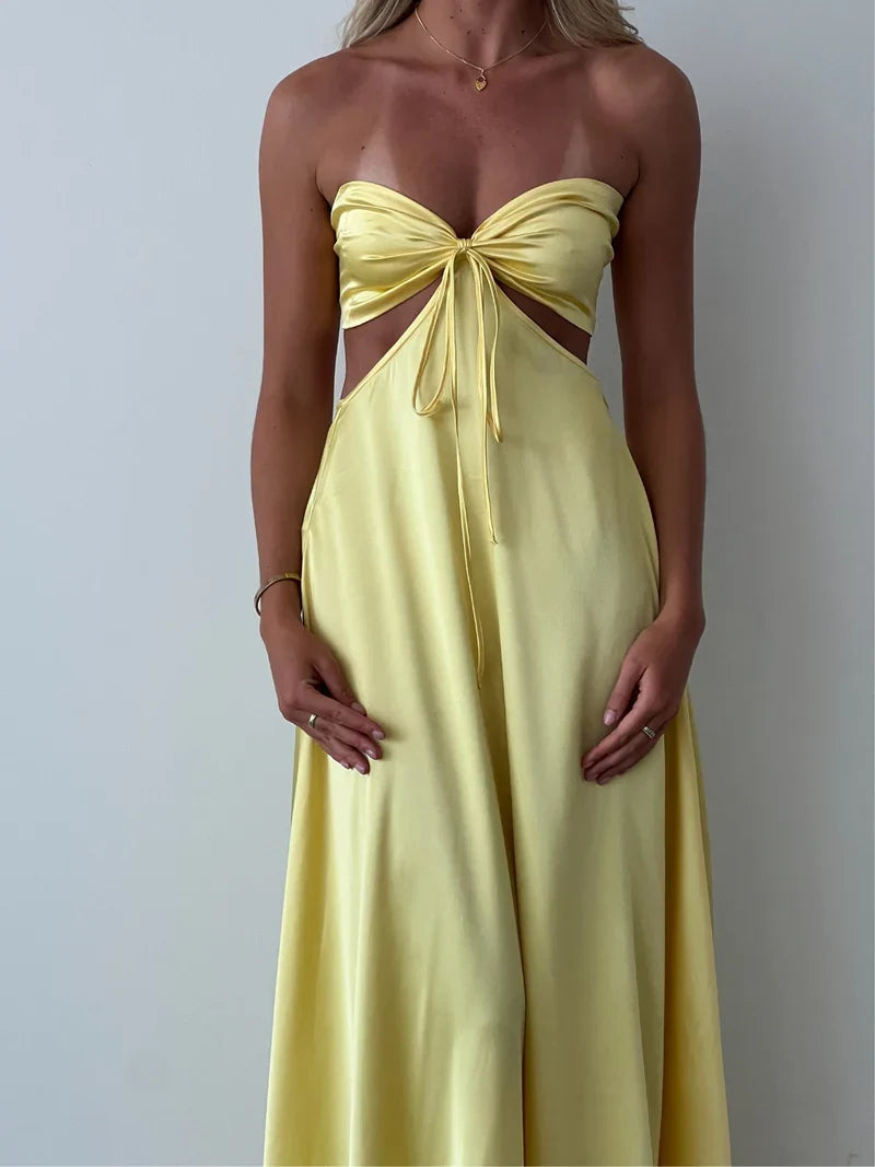 Dress Simple Sweetheart Prom Dress A-Line Cutout Waist Sleeveless Floor-Length Backless Lace Up Maxi Dress