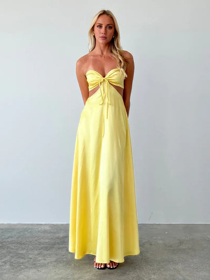 Dress Simple Sweetheart Prom Dress A-Line Cutout Waist Sleeveless Floor-Length Backless Lace Up Maxi Dress