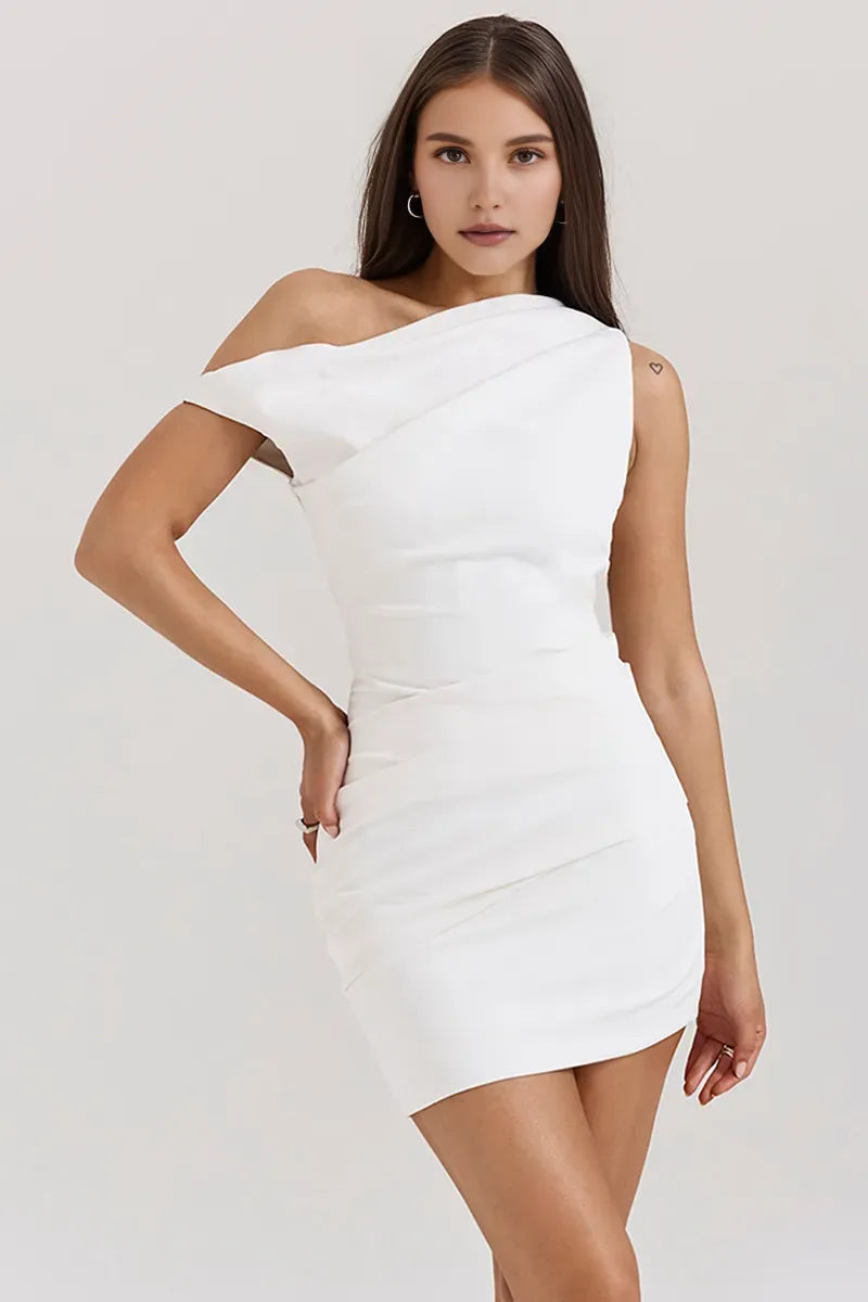 Dress Skew Neck Bodycon Sleeveless Asymmetric Mini Dresses Homecoming Dress White