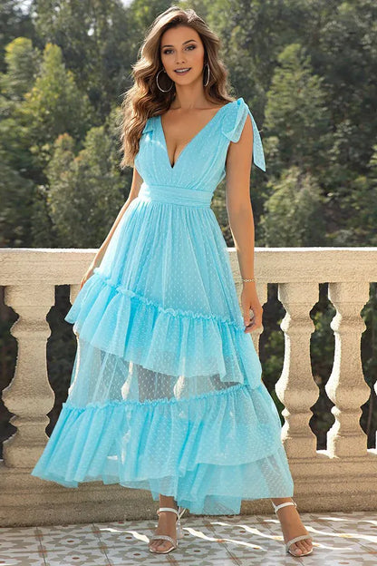 Dress Sky Blue A-Line V Neck Tulle Party Dress Maxi Dress Sleeveless With Ruffles Prom Dress