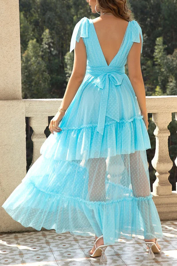 Dress Sky Blue A-Line V Neck Tulle Party Dress Maxi Dress Sleeveless With Ruffles Prom Dress