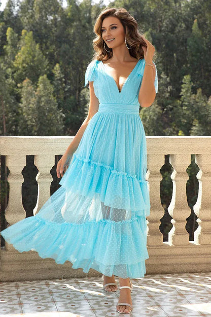 Dress Sky Blue A-Line V Neck Tulle Party Dress Maxi Dress Sleeveless With Ruffles Prom Dress