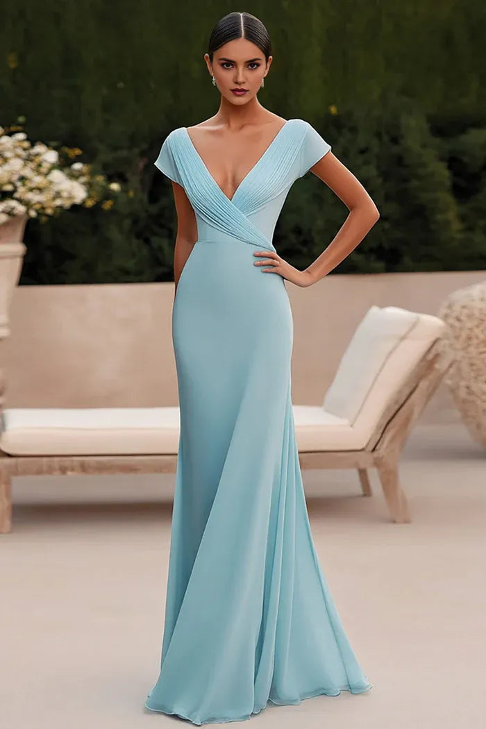 Dress Sky Blue Mermaid Deep V-Neck Floor-Length Formal Dress With Pleats Prom Dress