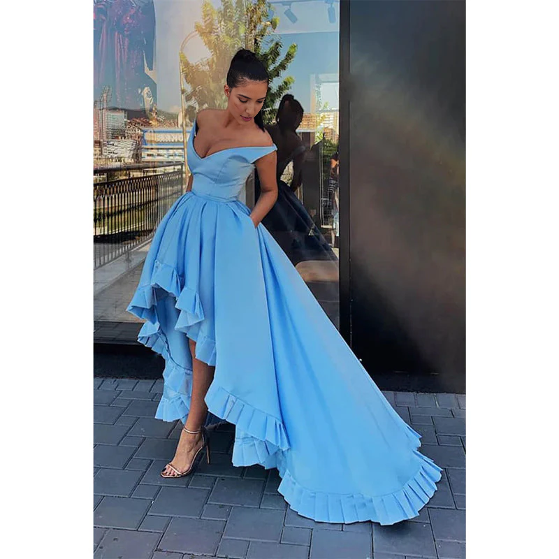 Dress Sky Blue Satin V-neck High Low Long Prom Dress with Pockets Party Dress