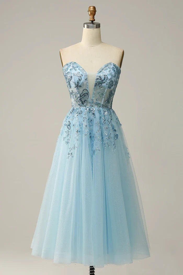 Dress Sky Blue Sweetheart Slit Corset Tulle Homecoming Dress A-line Sparkle & Shine Prom Dress