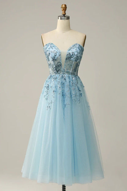Dress Sky Blue Sweetheart Slit Corset Tulle Homecoming Dress A-line Sparkle & Shine Prom Dress