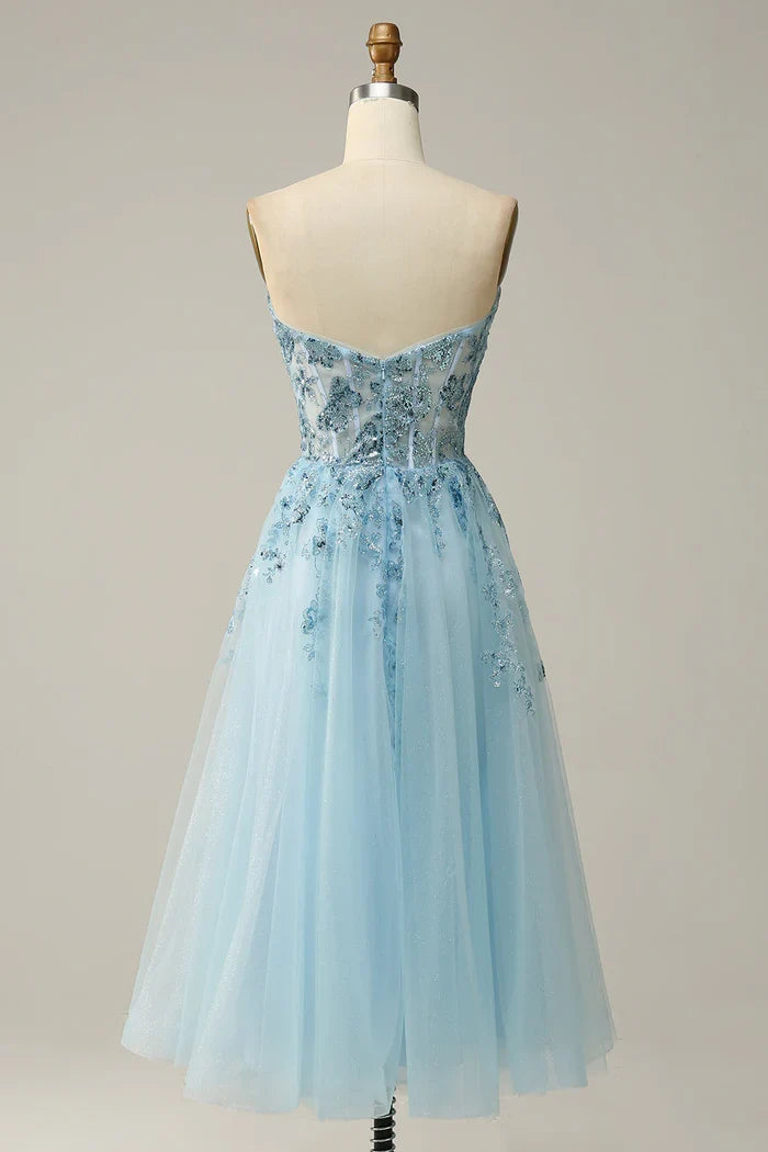 Dress Sky Blue Sweetheart Slit Corset Tulle Homecoming Dress A-line Sparkle & Shine Prom Dress