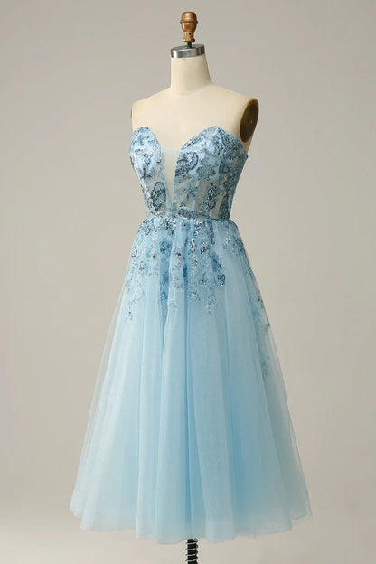 Dress Sky Blue Sweetheart Slit Corset Tulle Homecoming Dress A-line Sparkle & Shine Prom Dress