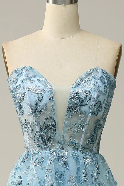 Dress Sky Blue Sweetheart Slit Corset Tulle Homecoming Dress A-line Sparkle & Shine Prom Dress