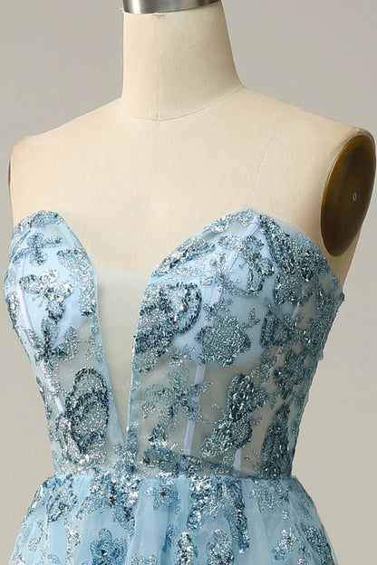 Dress Sky Blue Sweetheart Slit Corset Tulle Homecoming Dress A-line Sparkle & Shine Prom Dress