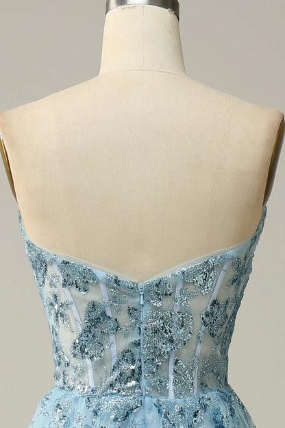 Dress Sky Blue Sweetheart Slit Corset Tulle Homecoming Dress A-line Sparkle & Shine Prom Dress