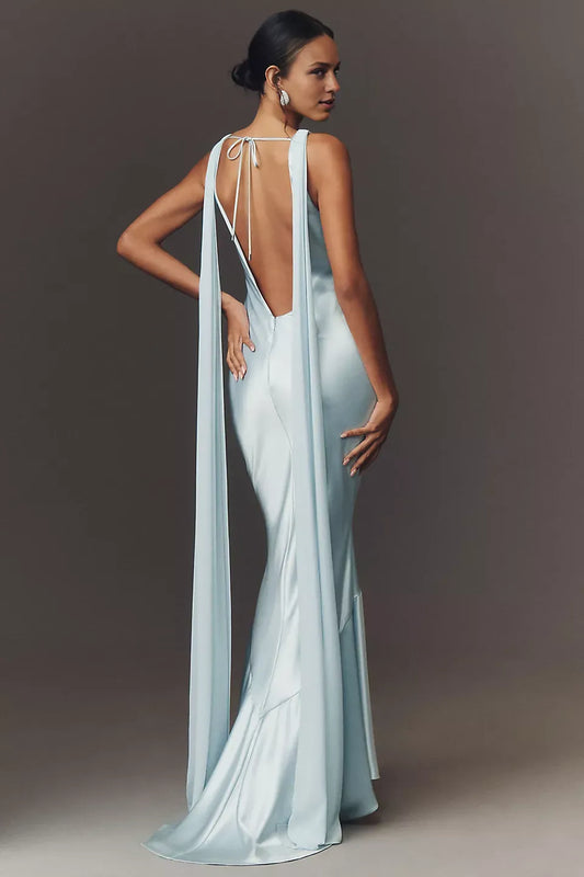 Dress Sleeveless Boat-Neck Satin Maxi Dress Sexy Backless Sweep/Brush Train Prom Dress