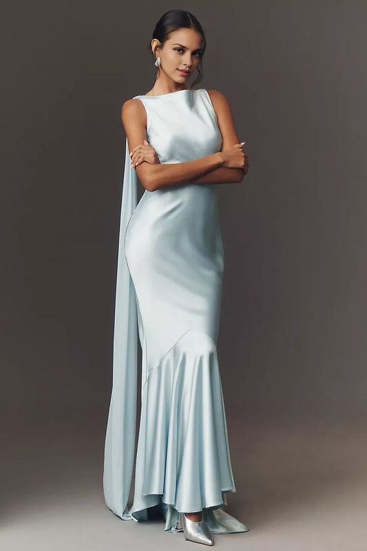 Dress Sleeveless Boat-Neck Satin Maxi Dress Sexy Backless Sweep/Brush Train Prom Dress