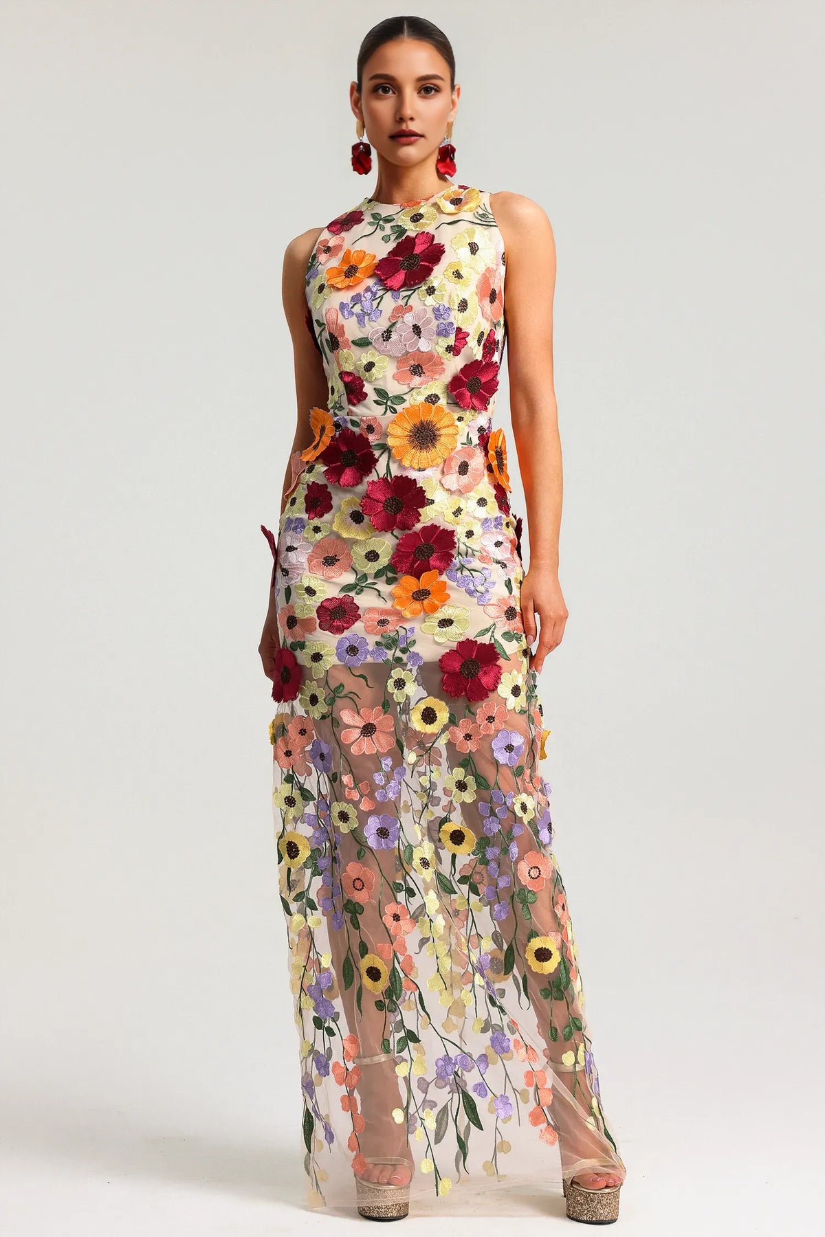 Dress Sleeveless Embroidery Flowers Maxi Dress Sheath Floor Length Prom Dress 3D Flower