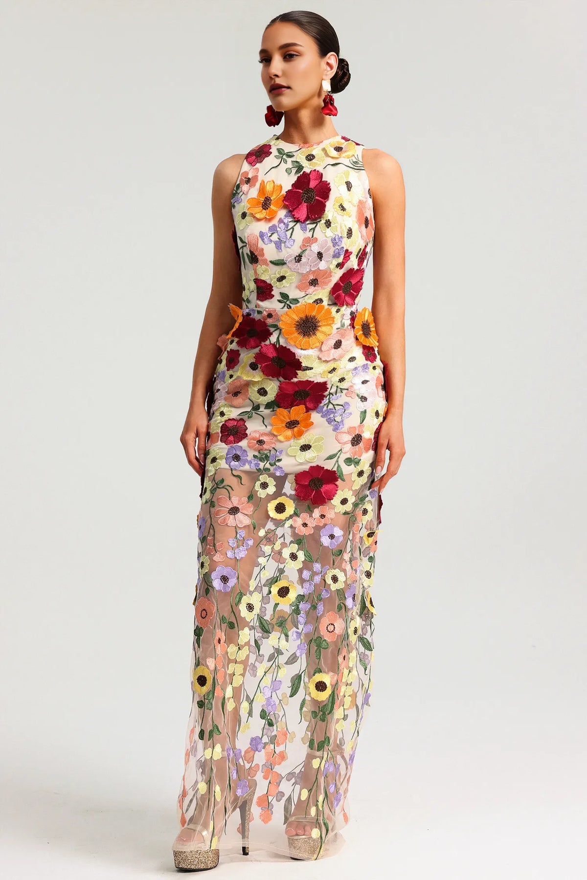 Dress Sleeveless Embroidery Flowers Maxi Dress Sheath Floor Length Prom Dress 3D Flower