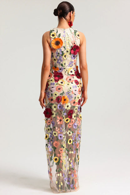 Dress Sleeveless Embroidery Flowers Maxi Dress Sheath Floor Length Prom Dress 3D Flower
