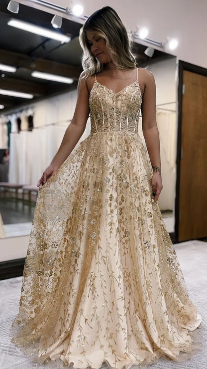 Dress Sleeveless Glitter Sequin Lace Evening Dress A-Line Evening Party Gown Spaghetti Straps Prom Dress