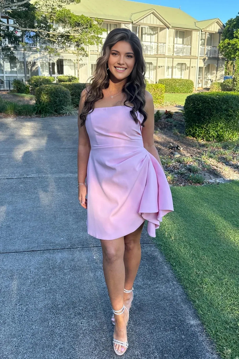 Dress Sleeveless Pink Strapless Lace Up Ruched Short Homecoming Dress