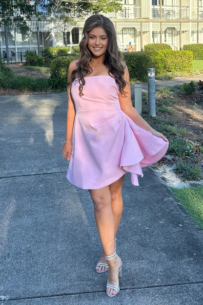 Dress Sleeveless Pink Strapless Lace Up Ruched Short Homecoming Dress