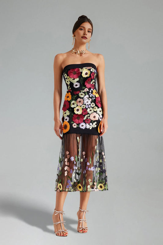 Dress Sleeveless Strapless 3D Floral Embroidered Dress Tea-Length Black Hem Tulle Prom Dress